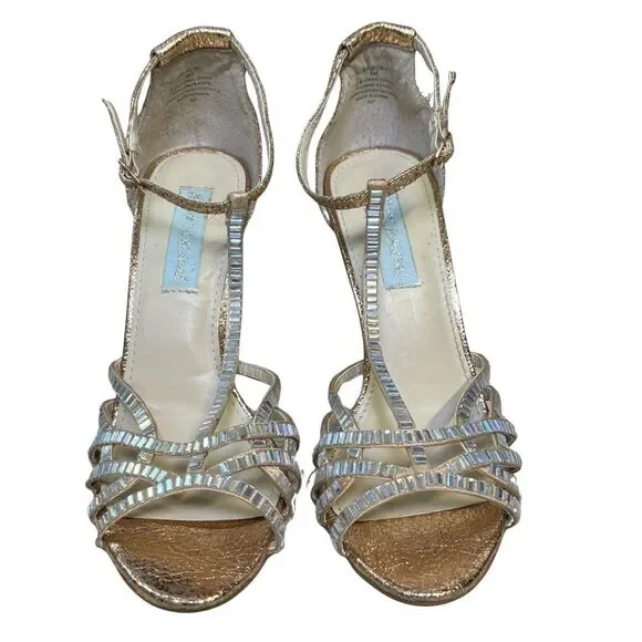 Betsey Johnson Women's High‎ Heel Shoes Sz 6 Gold Rhinestone T-Strap Dressy - Picture 5 of 11